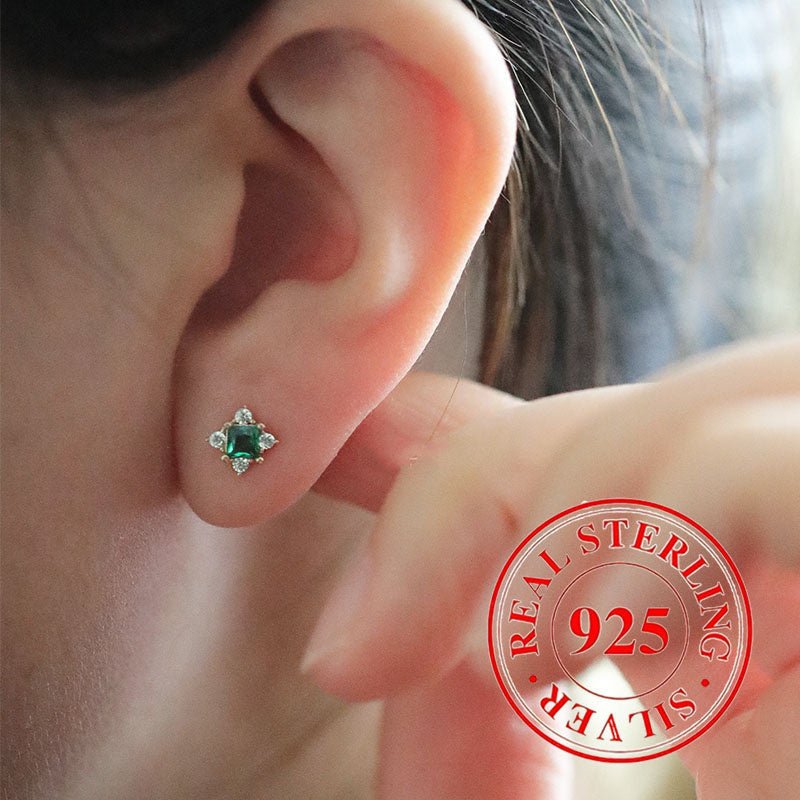 Cat Shop Boys - 0.85G 925 Sterling Silver Hypoallergenic Emerald Zircon Screw Ear Plug Stud Earrings For Women (0.03Oz Jewelry)