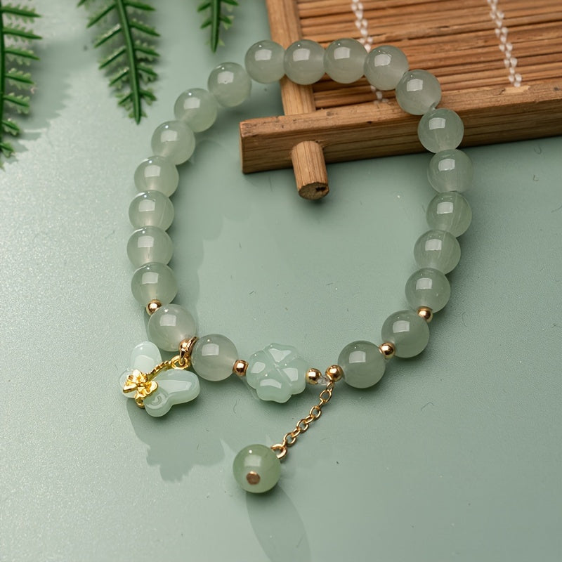 Chinese Style Green Jade Beaded Bracelet with Imitation Jade Pendant, Elegant Jewelry for Daily and Banquet Occasions, All-Season Versatile Accessory