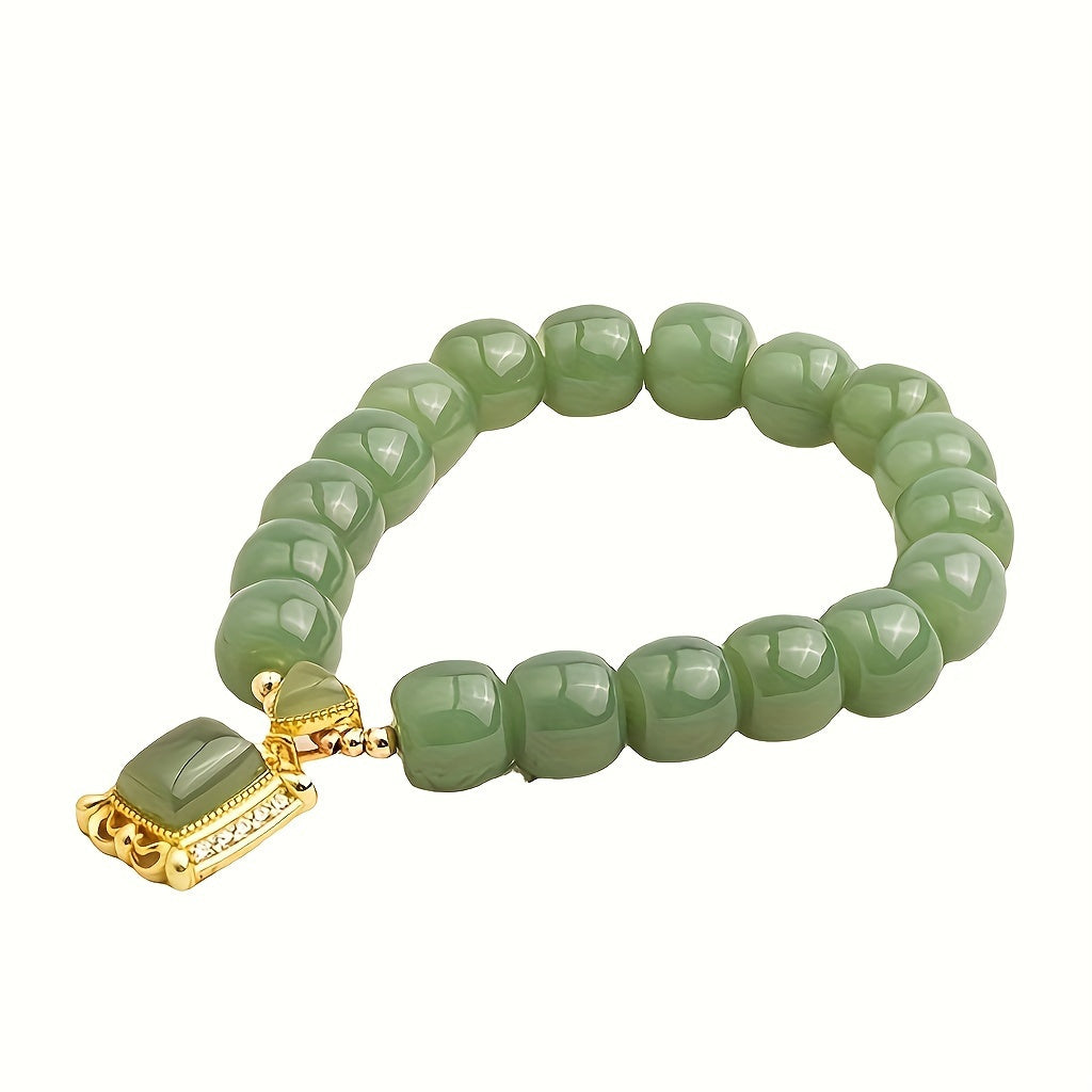 Chinese Style Green Jade Beaded Bracelet with Imitation Jade Pendant, Elegant Jewelry for Daily and Banquet Occasions, All-Season Versatile Accessory