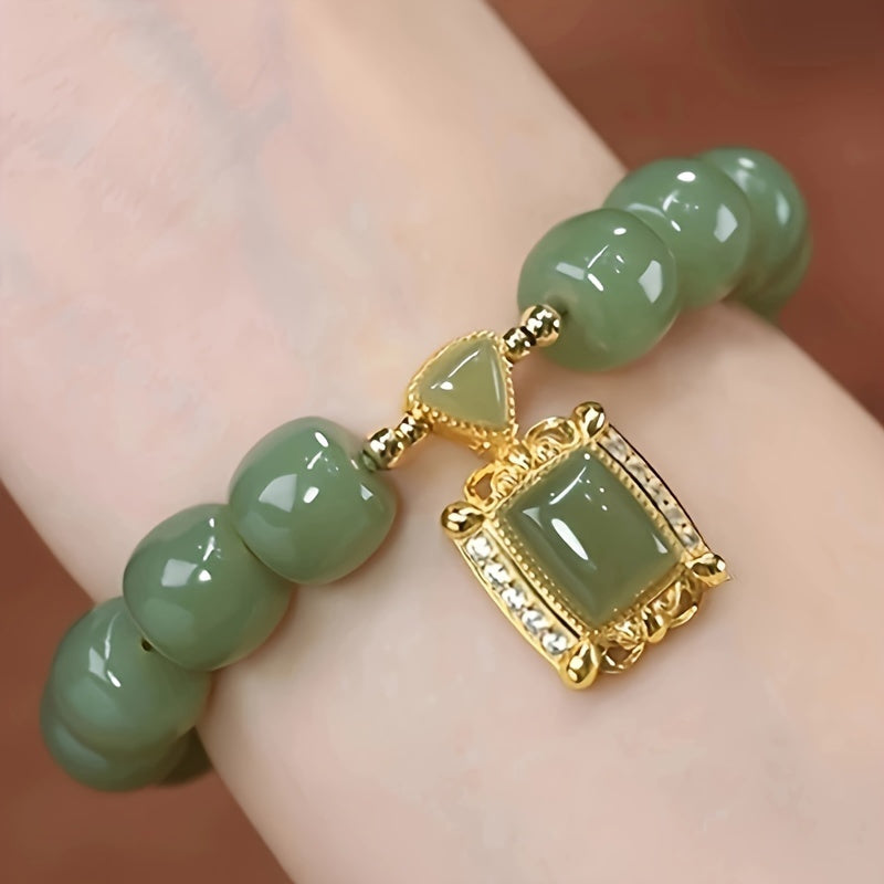 Chinese Style Green Jade Beaded Bracelet with Imitation Jade Pendant, Elegant Jewelry for Daily and Banquet Occasions, All-Season Versatile Accessory