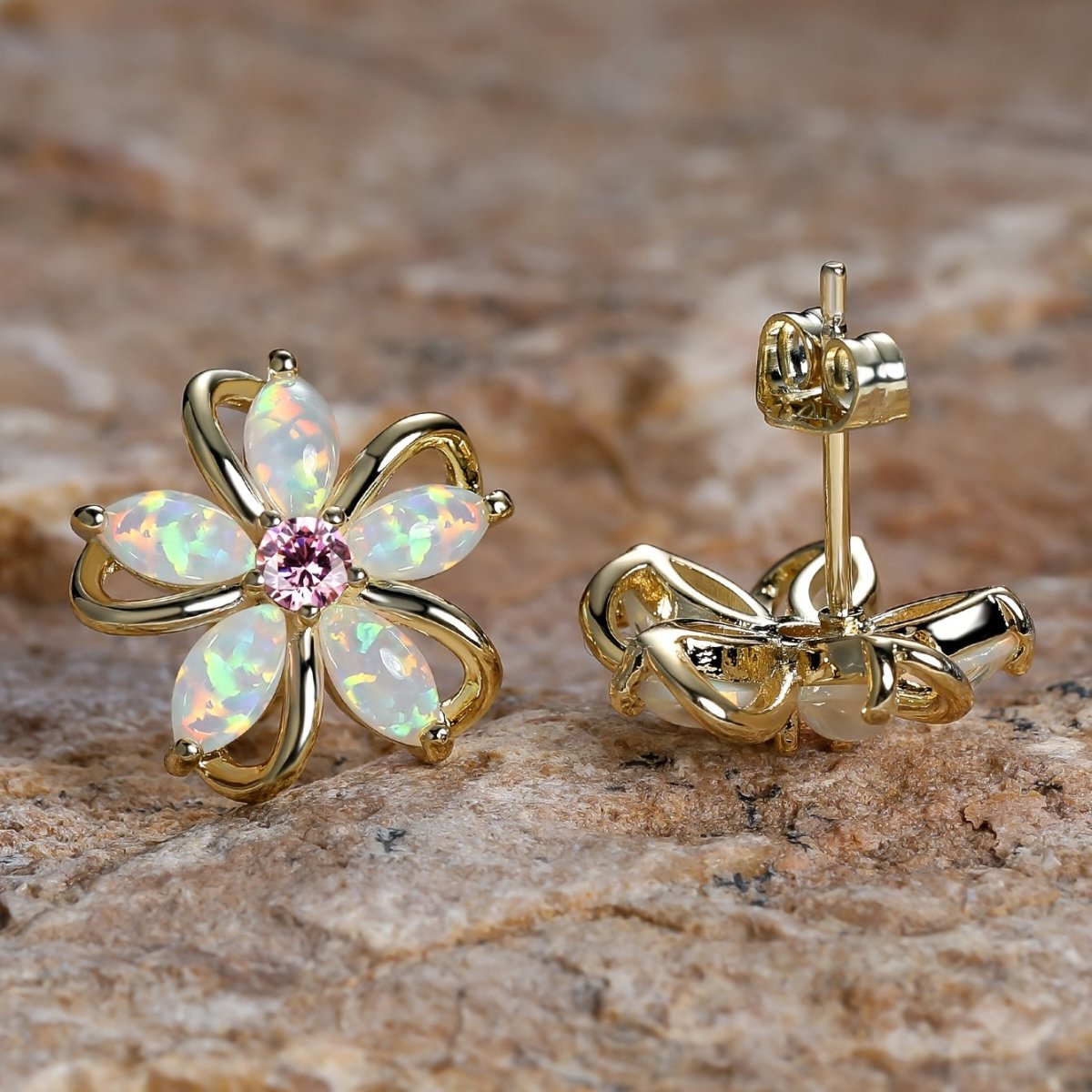 Cat Shop Boys - 1pair Opal Flower Stud Earrings - Golden Plated Women's Jewelry for Parties and Holidays