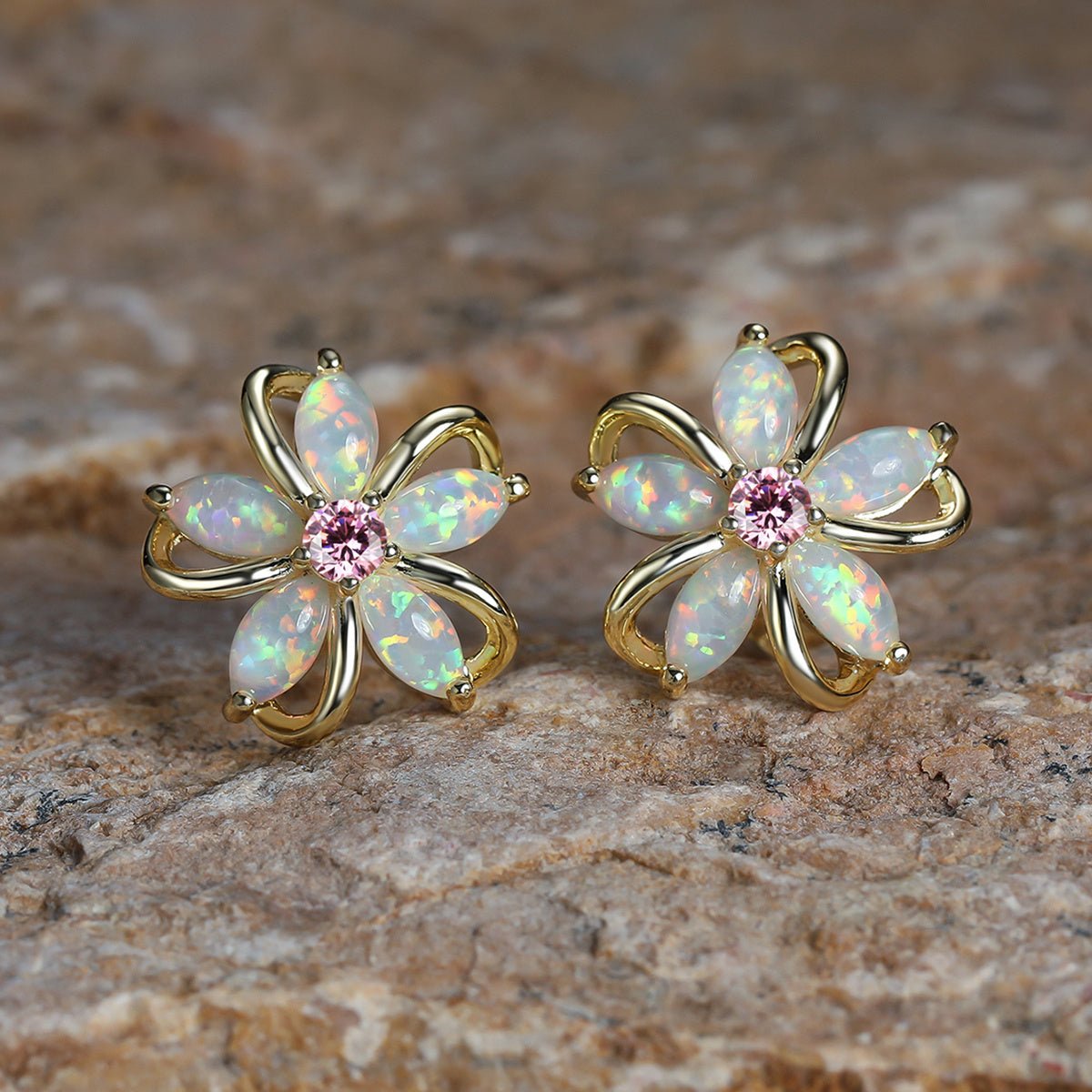 Cat Shop Boys - 1pair Opal Flower Stud Earrings - Golden Plated Women's Jewelry for Parties and Holidays