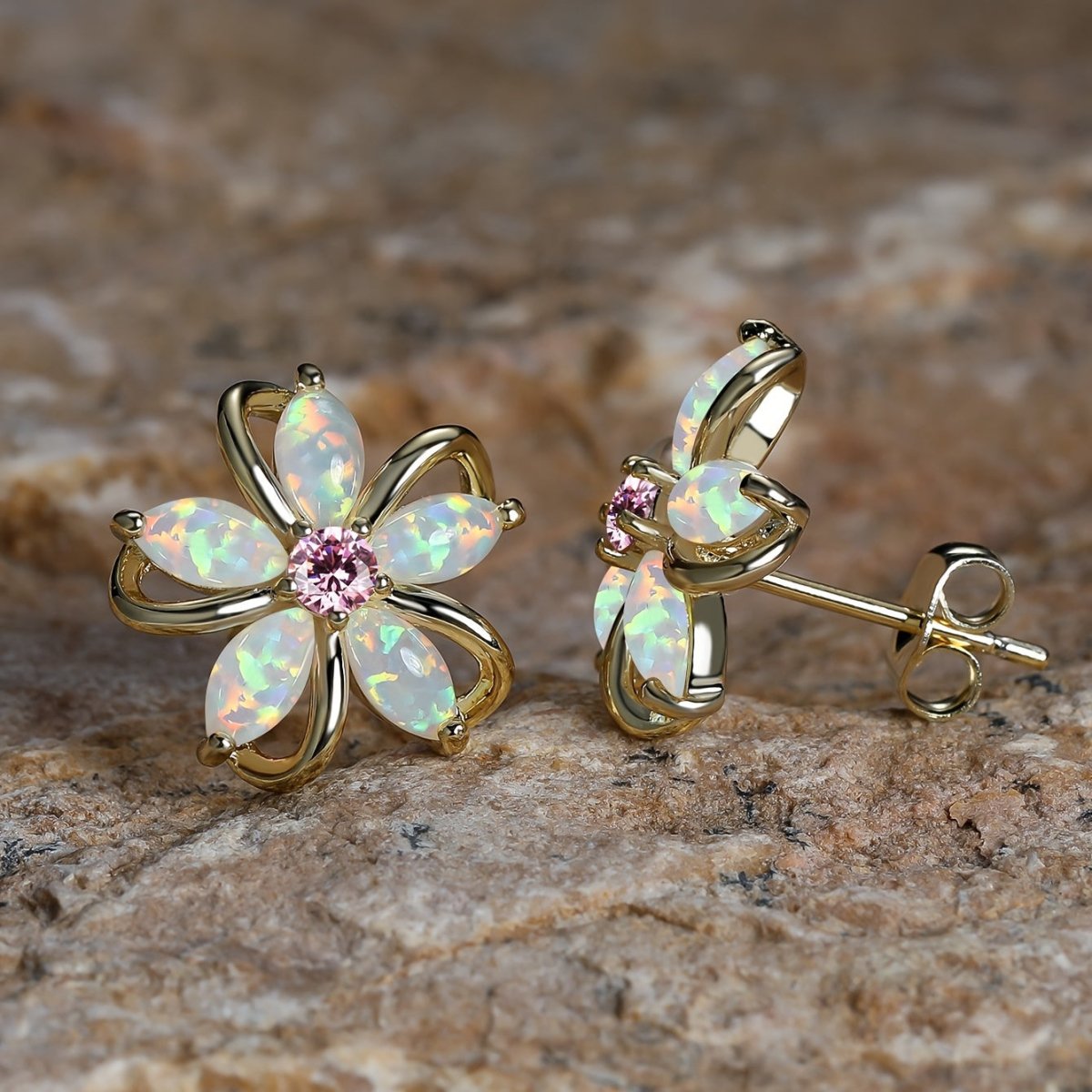 Cat Shop Boys - 1pair Opal Flower Stud Earrings - Golden Plated Women's Jewelry for Parties and Holidays