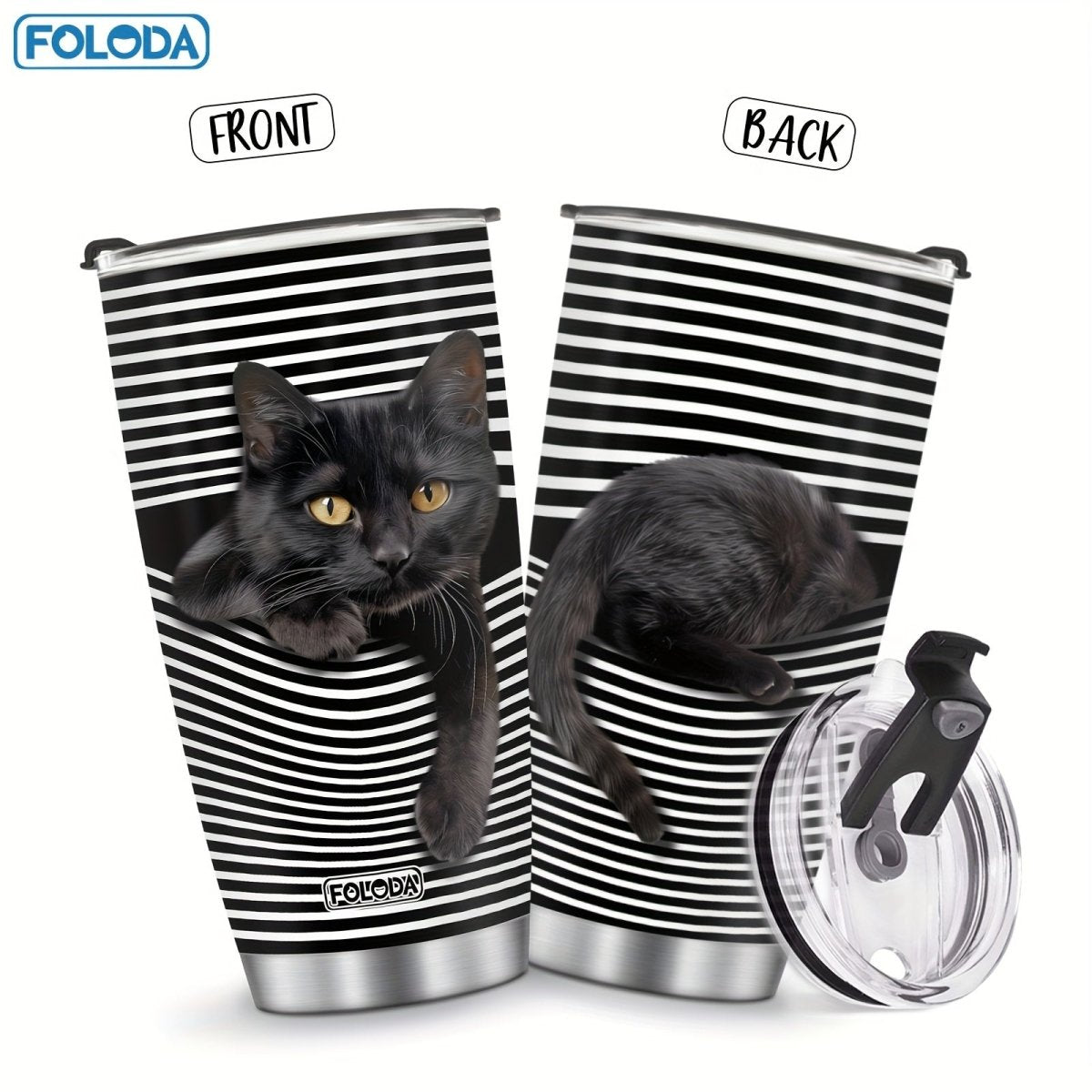 Cat Shop Boys - 1pc Black Cat Present, Ideal for Cat Enthusiasts, Stainless Steel Black Cat Tumbler with Lid, Playful Black Cat Coffee Mug, Animal Striped Cup, Cat Day Present, Thanksgiving, Girl Cat Tumbler for Graduation, Christmas, Birthd