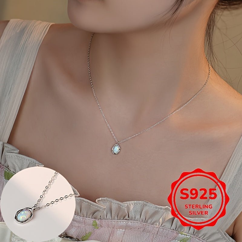 Cat Shop Boys - 1pc Elegant Simple 925 Silver Synthetic Opal Mosaic Pendant Necklace, Daily Wear Birthday Gift