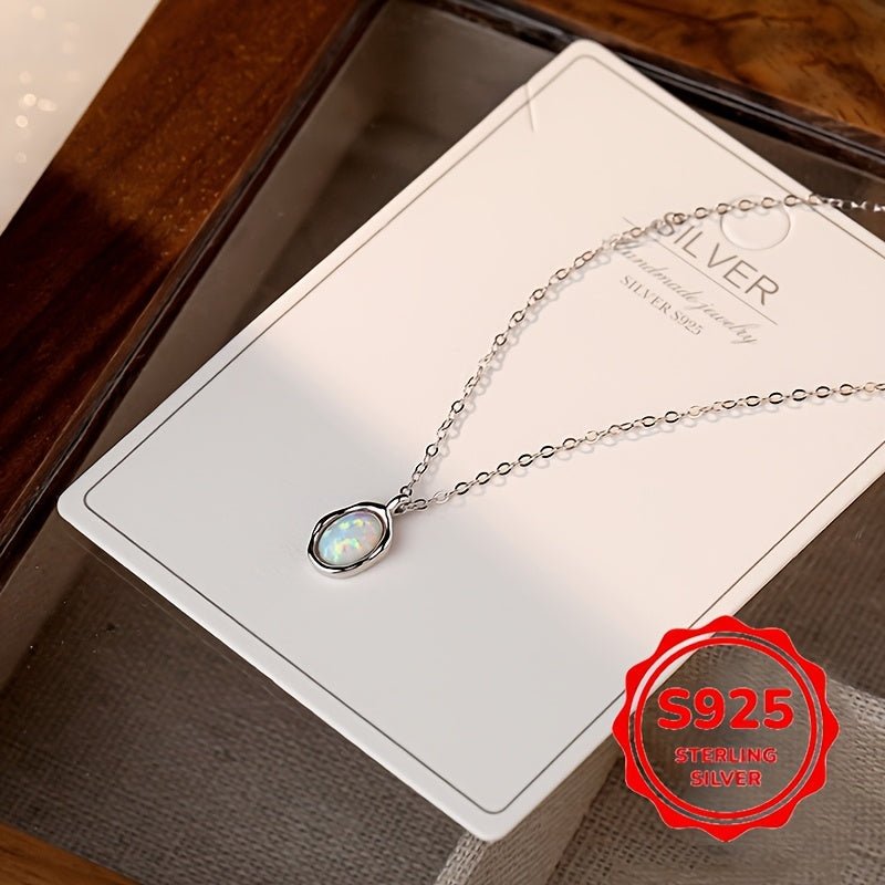 Cat Shop Boys - 1pc Elegant Simple 925 Silver Synthetic Opal Mosaic Pendant Necklace, Daily Wear Birthday Gift