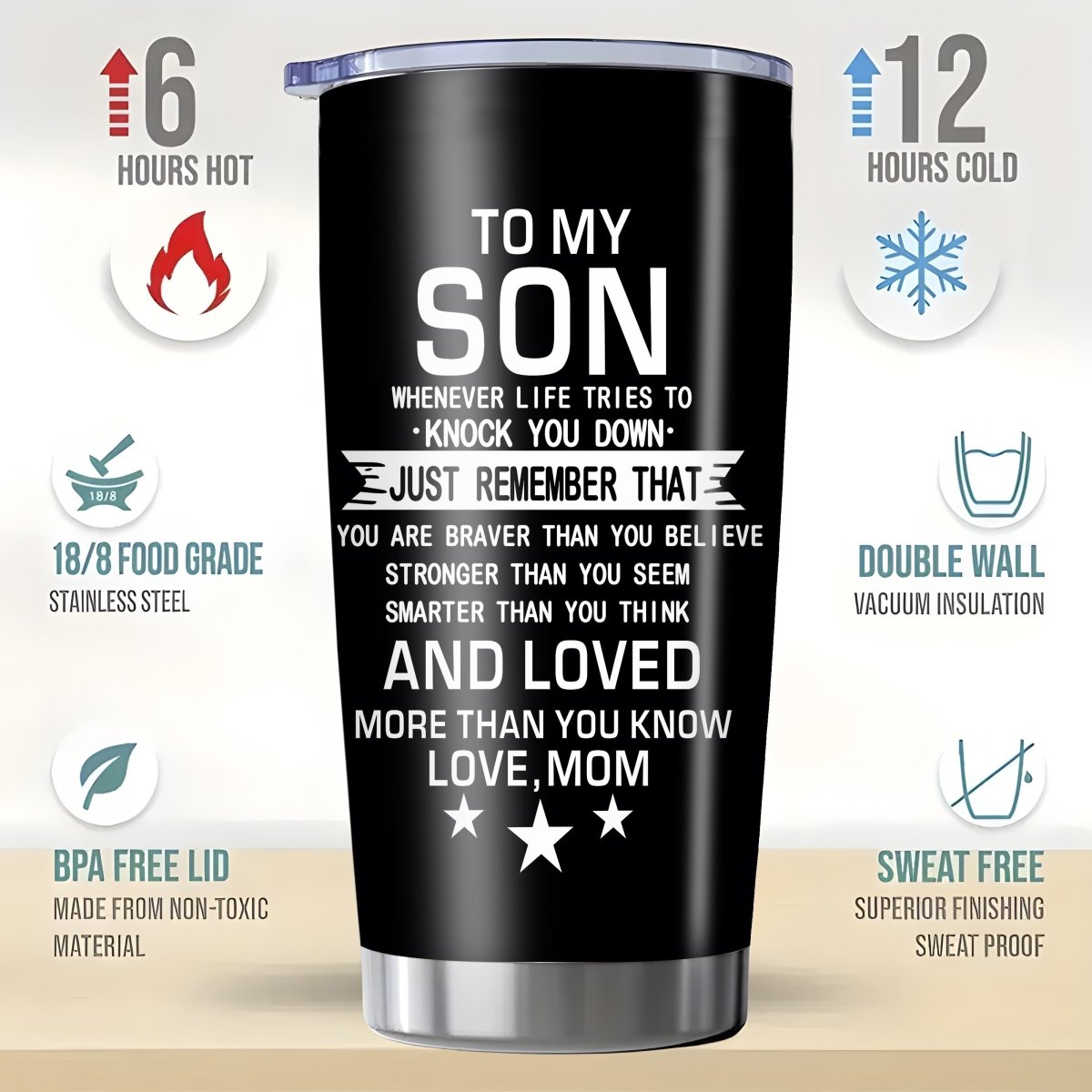 Cat Shop Boys - 1pc Inspirational "to My Son" 20oz Stainless Steel Tumbler with Lid from Mom - Insulated, Slip - Resistant Water Bottle, Perfect for Outdoor Travel & All Seasons - Heartfelt Valentine's Day Gift