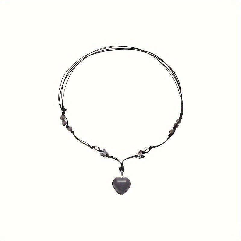 Cat Shop Boys - 1pc Korean Version Niche Design Bead Love Necklace, Dark Butterfly, Sweet And Cool Style, Light Luxury, Adjustable Collarbone Chain