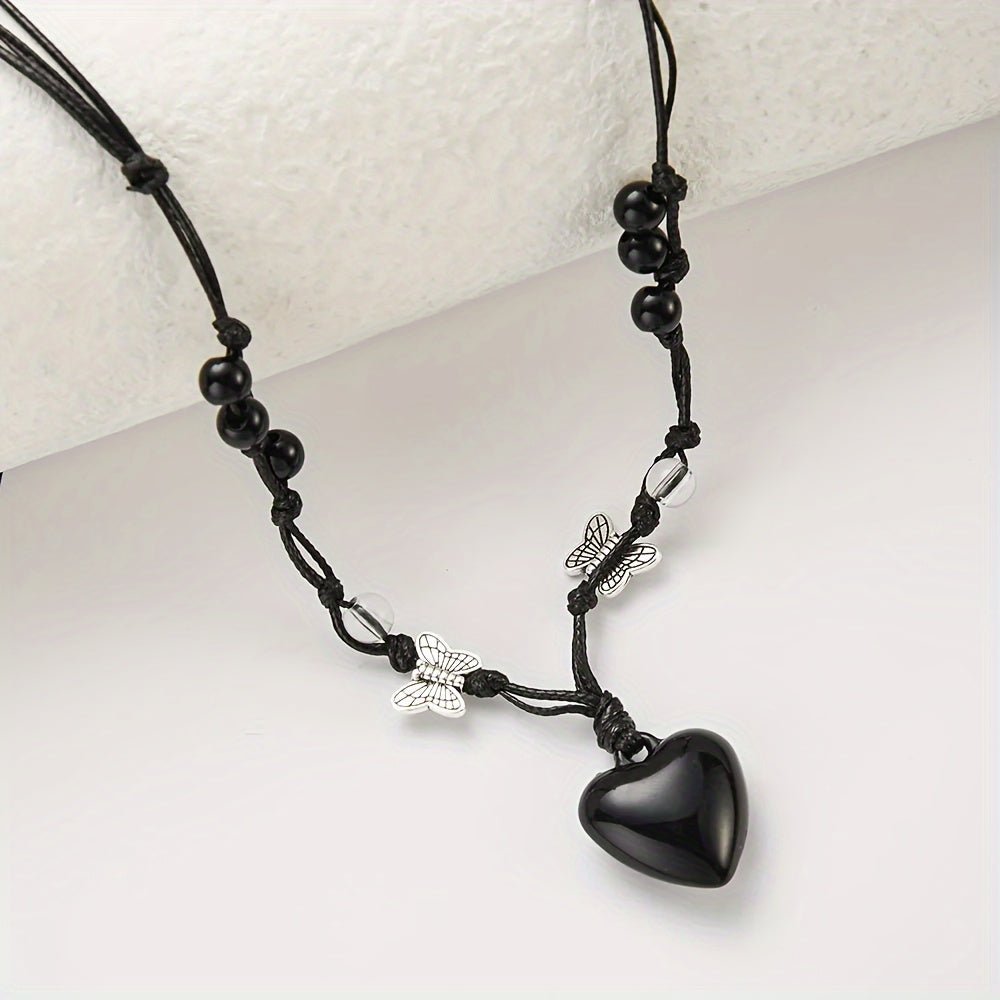 Cat Shop Boys - 1pc Korean Version Niche Design Bead Love Necklace, Dark Butterfly, Sweet And Cool Style, Light Luxury, Adjustable Collarbone Chain