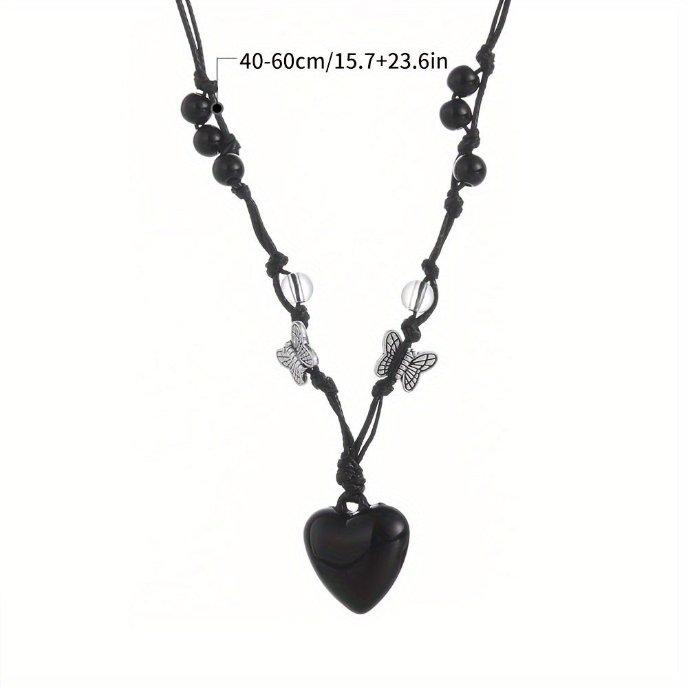 Cat Shop Boys - 1pc Korean Version Niche Design Bead Love Necklace, Dark Butterfly, Sweet And Cool Style, Light Luxury, Adjustable Collarbone Chain