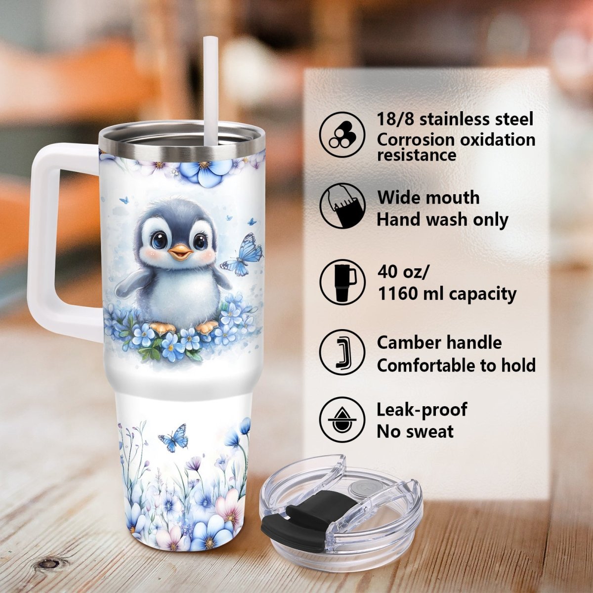 Cat Shop Boys - 1pc Stainless Steel Tumbler with Lid and Straw, 40oz Reusable Multipurpose Travel Mug, Hand Wash Only, Animal Print with Penguin Design, Ideal for Christmas, Hanukkah, Thanksgiving, Graduation, Juneteenth Gifts for Women