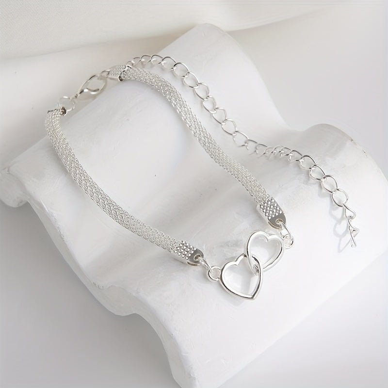 Cat Shop Boys - 1pc Stylish Minimalist Double Heart Chain Anklet Ladies Summer Beach Accessory