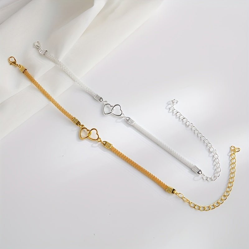 Cat Shop Boys - 1pc Stylish Minimalist Double Heart Chain Anklet Ladies Summer Beach Accessory