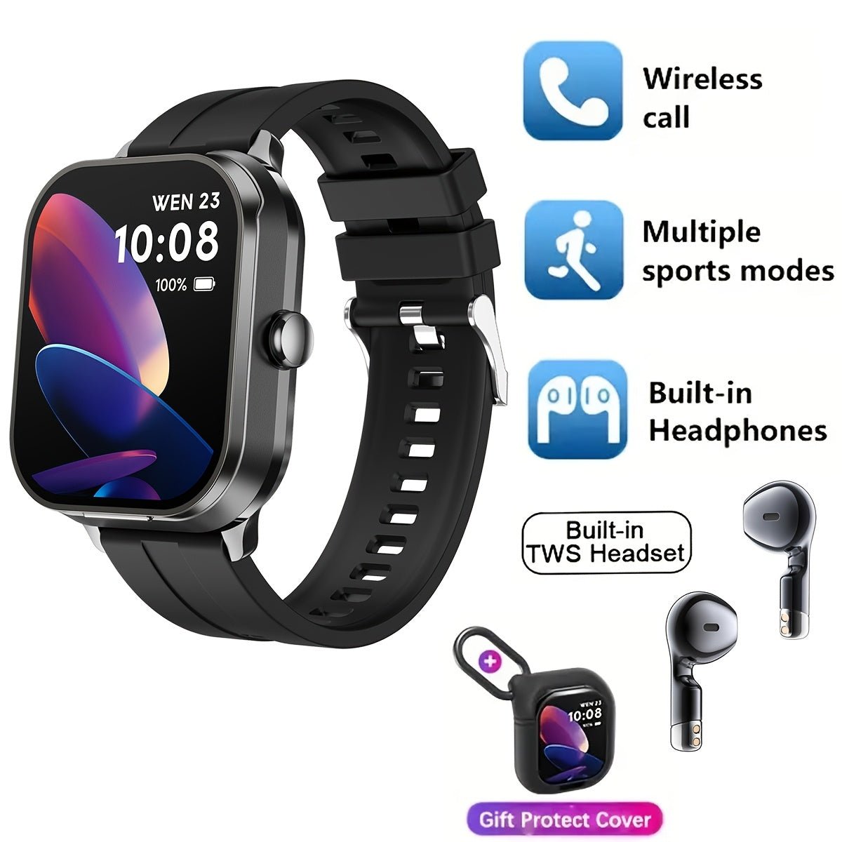 Cat Shop Boys - 2 In 1 Wireless Earphone Watch Answer/Make Calls Smart Call Watch With Earbuds For IPhone/Android Counting Steps, Calories, Distance Multiple Sports Modes Fashionable Men's Gift