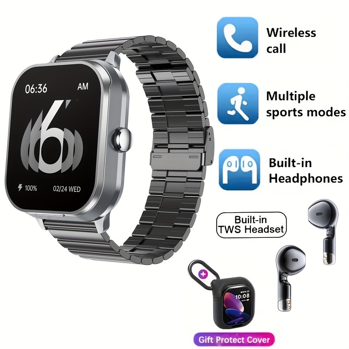 Cat Shop Boys - 2 In 1 Wireless Earphone Watch Answer/Make Calls Smart Call Watch With Earbuds For IPhone/Android Counting Steps, Calories, Distance Multiple Sports Modes Fashionable Men's Gift