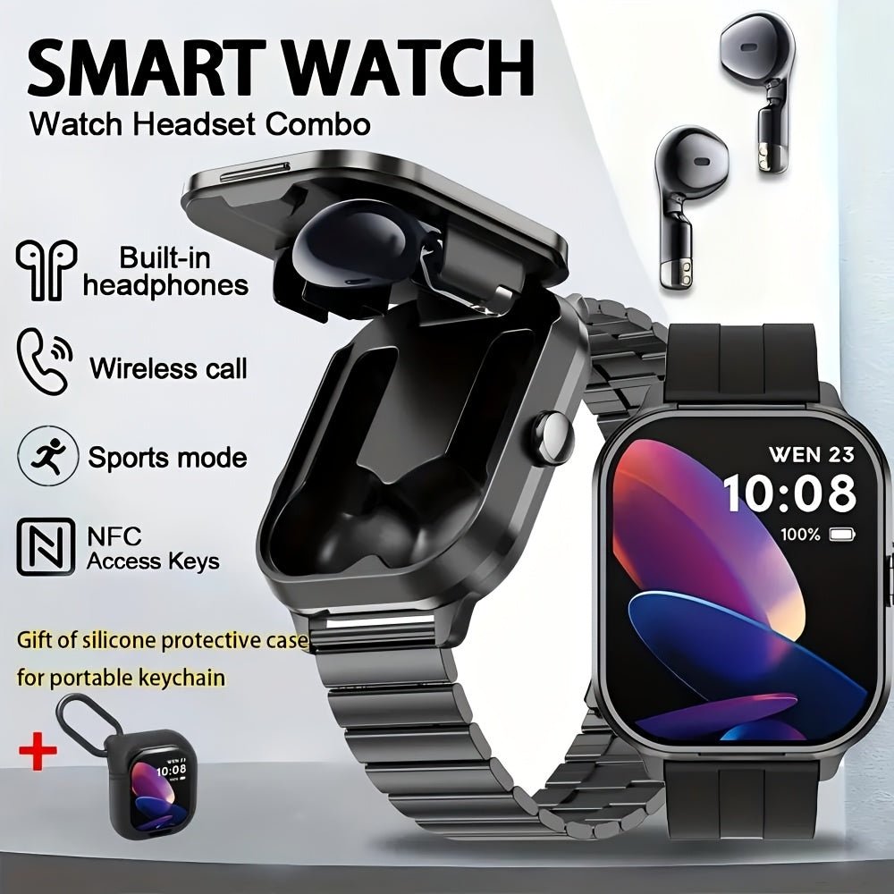 Cat Shop Boys - 2 In 1 Wireless Earphone Watch Answer/Make Calls Smart Call Watch With Earbuds For IPhone/Android Counting Steps, Calories, Distance Multiple Sports Modes Fashionable Men's Gift