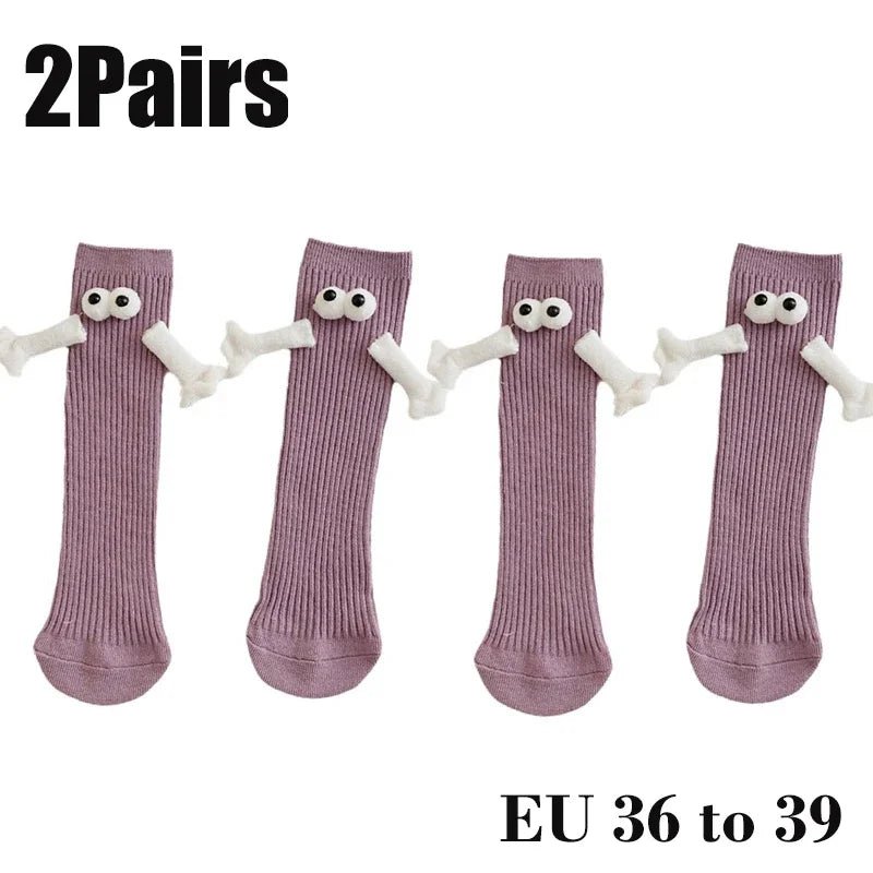 Cat Shop Boys - 2 Pairs Magnetic Socks with Hands Women Men Fashion Black White Funny Cute Cartoon Eyes Couple Mid - tube Socks for Gifts