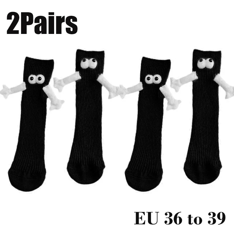 Cat Shop Boys - 2 Pairs Magnetic Socks with Hands Women Men Fashion Black White Funny Cute Cartoon Eyes Couple Mid - tube Socks for Gifts