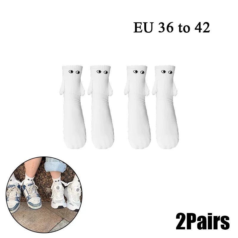 Cat Shop Boys - 2 Pairs Magnetic Socks with Hands Women Men Fashion Black White Funny Cute Cartoon Eyes Couple Mid - tube Socks for Gifts