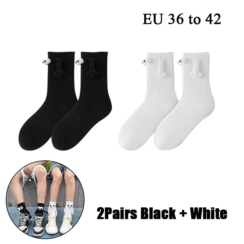 Cat Shop Boys - 2 Pairs Magnetic Socks with Hands Women Men Fashion Black White Funny Cute Cartoon Eyes Couple Mid - tube Socks for Gifts