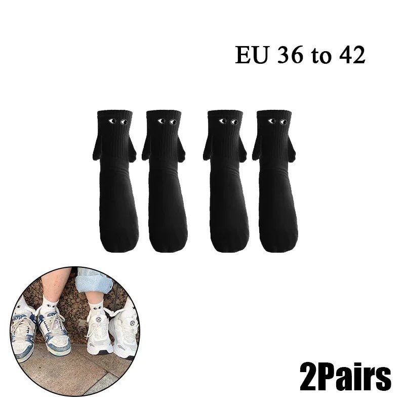 Cat Shop Boys - 2 Pairs Magnetic Socks with Hands Women Men Fashion Black White Funny Cute Cartoon Eyes Couple Mid - tube Socks for Gifts