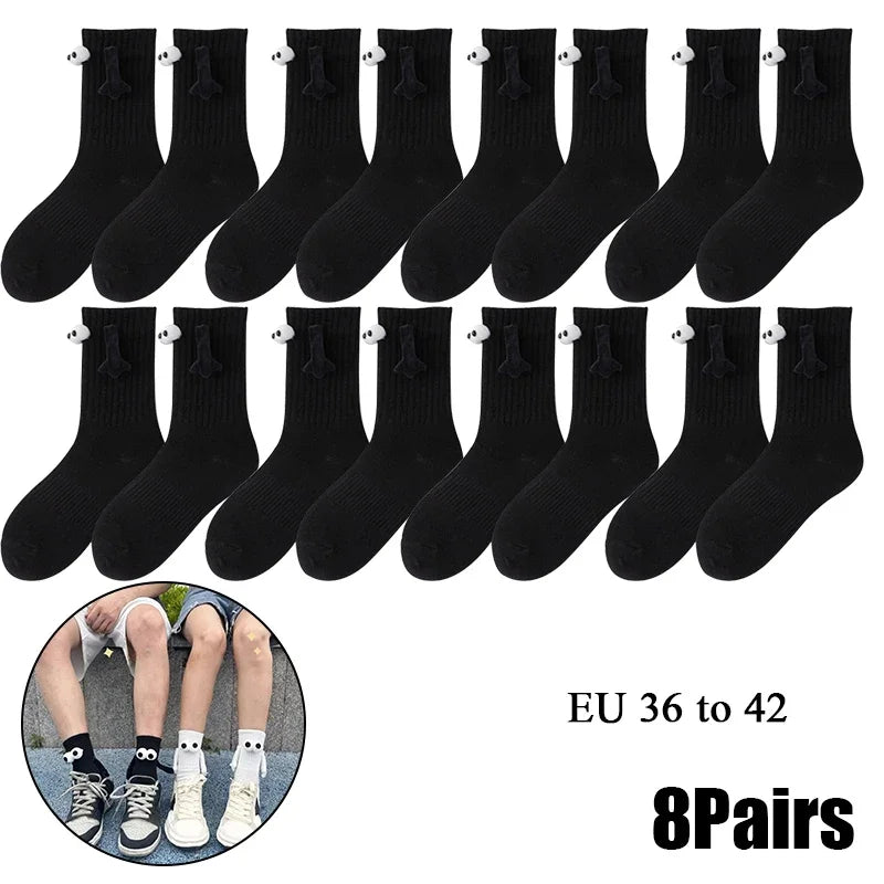 Cat Shop Boys - 2 Pairs Magnetic Socks with Hands Women Men Fashion Black White Funny Cute Cartoon Eyes Couple Mid - tube Socks for Gifts