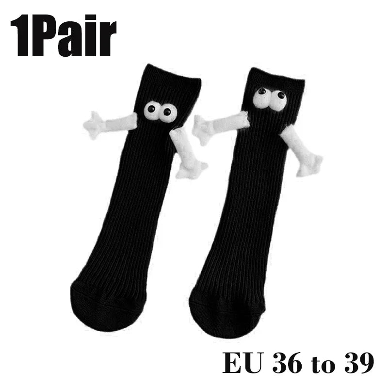 Cat Shop Boys - 2 Pairs Magnetic Socks with Hands Women Men Fashion Black White Funny Cute Cartoon Eyes Couple Mid - tube Socks for Gifts