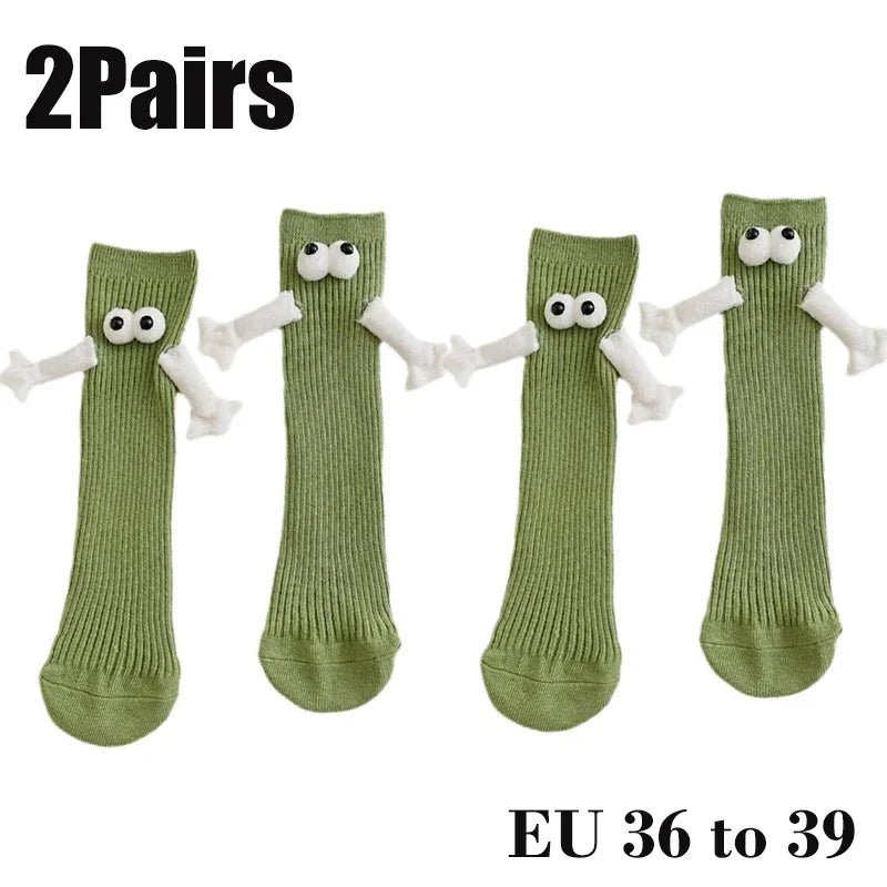 Cat Shop Boys - 2 Pairs Magnetic Socks with Hands Women Men Fashion Black White Funny Cute Cartoon Eyes Couple Mid - tube Socks for Gifts