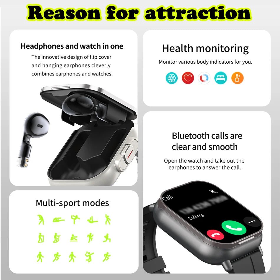 Cat Shop Boys - 2024 New TWS 2 - in - 1 With Headset Smart Watch Bluetooth Call Men Watch GPS Track SmartWatch Heart Rate Monitor Play Music Watch