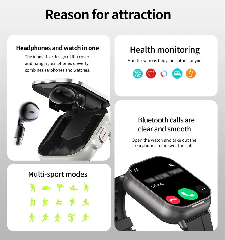 Cat Shop Boys - 2024 New TWS 2 - in - 1 With Headset Smart Watch Bluetooth Call Men Watch GPS Track SmartWatch Heart Rate Monitor Play Music Watch