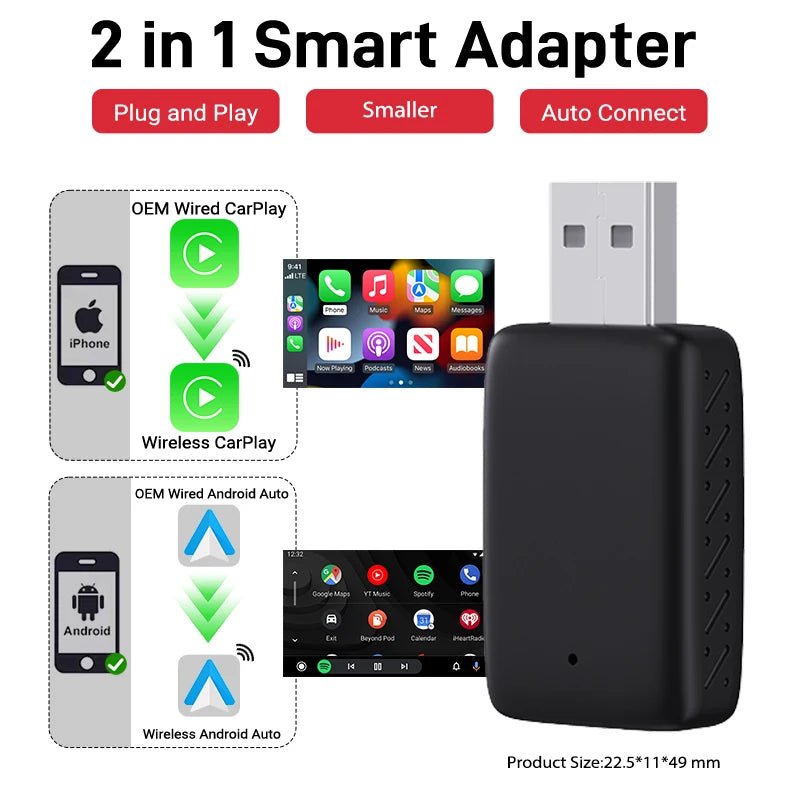 Cat Shop Boys - 2025 New Wired to Wireless CarPlay 2 in1 Mini Adapter Android Auto Smart Box Plug and Play Auto Connection OTA Update Universal