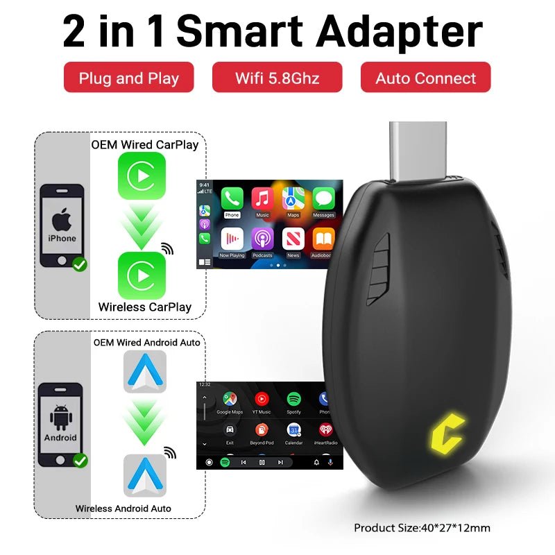 Cat Shop Boys - 2025 New Wired to Wireless CarPlay 2 in1 Mini Adapter Android Auto Smart Box Plug and Play Auto Connection OTA Update Universal