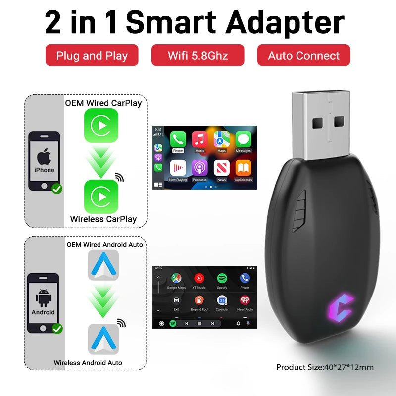 Cat Shop Boys - 2025 New Wired to Wireless CarPlay 2 in1 Mini Adapter Android Auto Smart Box Plug and Play Auto Connection OTA Update Universal