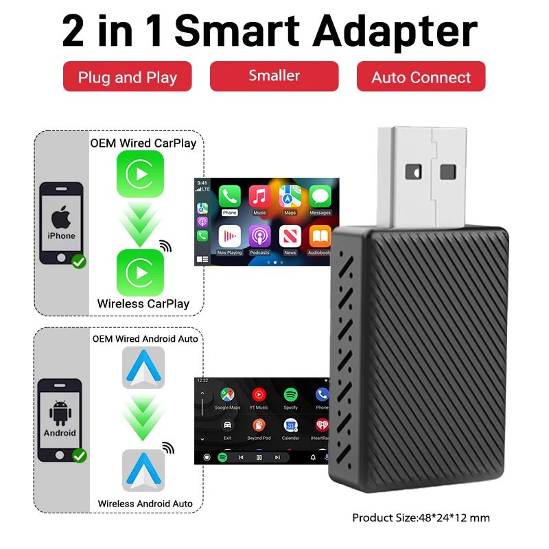 Cat Shop Boys - 2025 New Wired to Wireless CarPlay 2 in1 Mini Adapter Android Auto Smart Box Plug and Play Auto Connection OTA Update Universal