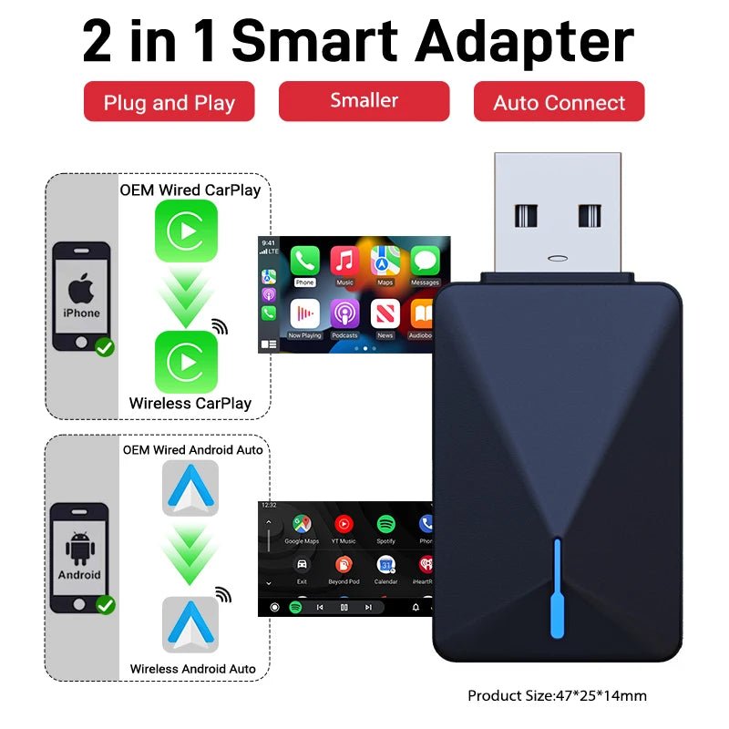 Cat Shop Boys - 2025 New Wired to Wireless CarPlay 2 in1 Mini Adapter Android Auto Smart Box Plug and Play Auto Connection OTA Update Universal