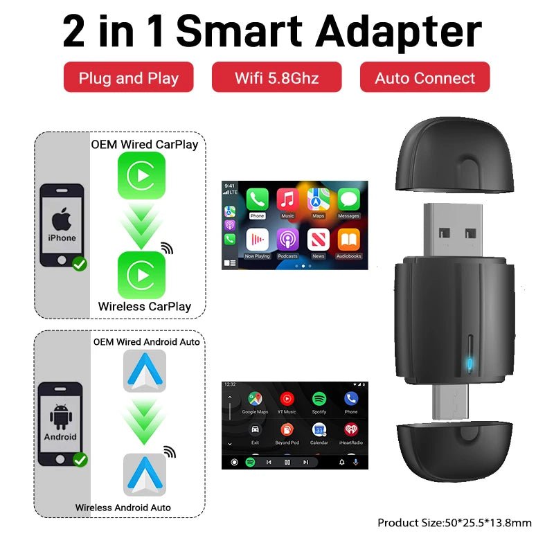 Cat Shop Boys - 2025 New Wired to Wireless CarPlay 2 in1 Mini Adapter Android Auto Smart Box Plug and Play Auto Connection OTA Update Universal