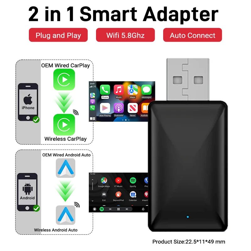 Cat Shop Boys - 2025 New Wired to Wireless CarPlay 2 in1 Mini Adapter Android Auto Smart Box Plug and Play Auto Connection OTA Update Universal