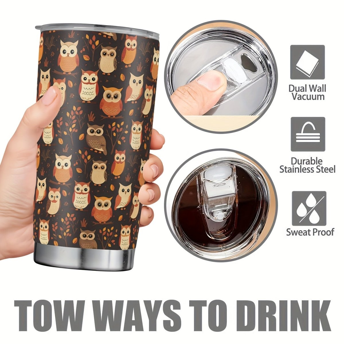 Cat Shop Boys - 20oz Durable Stainless Steel Tumbler with Lid, Owl Print, BPA - Free, Reusable Water Bottle for All Seasons