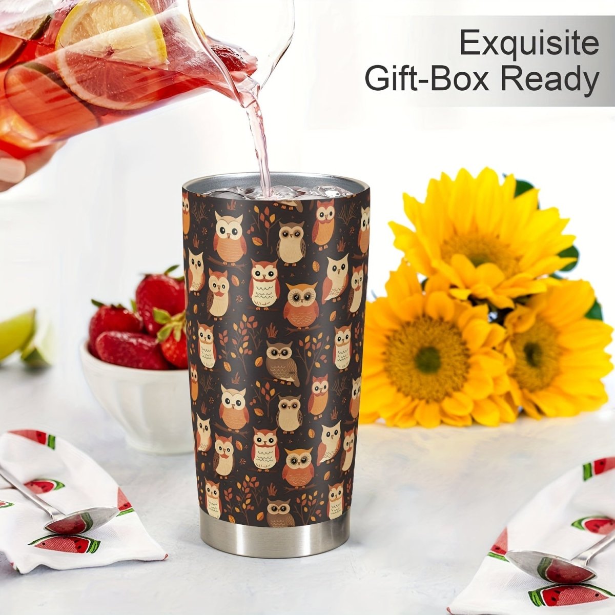 Cat Shop Boys - 20oz Durable Stainless Steel Tumbler with Lid, Owl Print, BPA - Free, Reusable Water Bottle for All Seasons