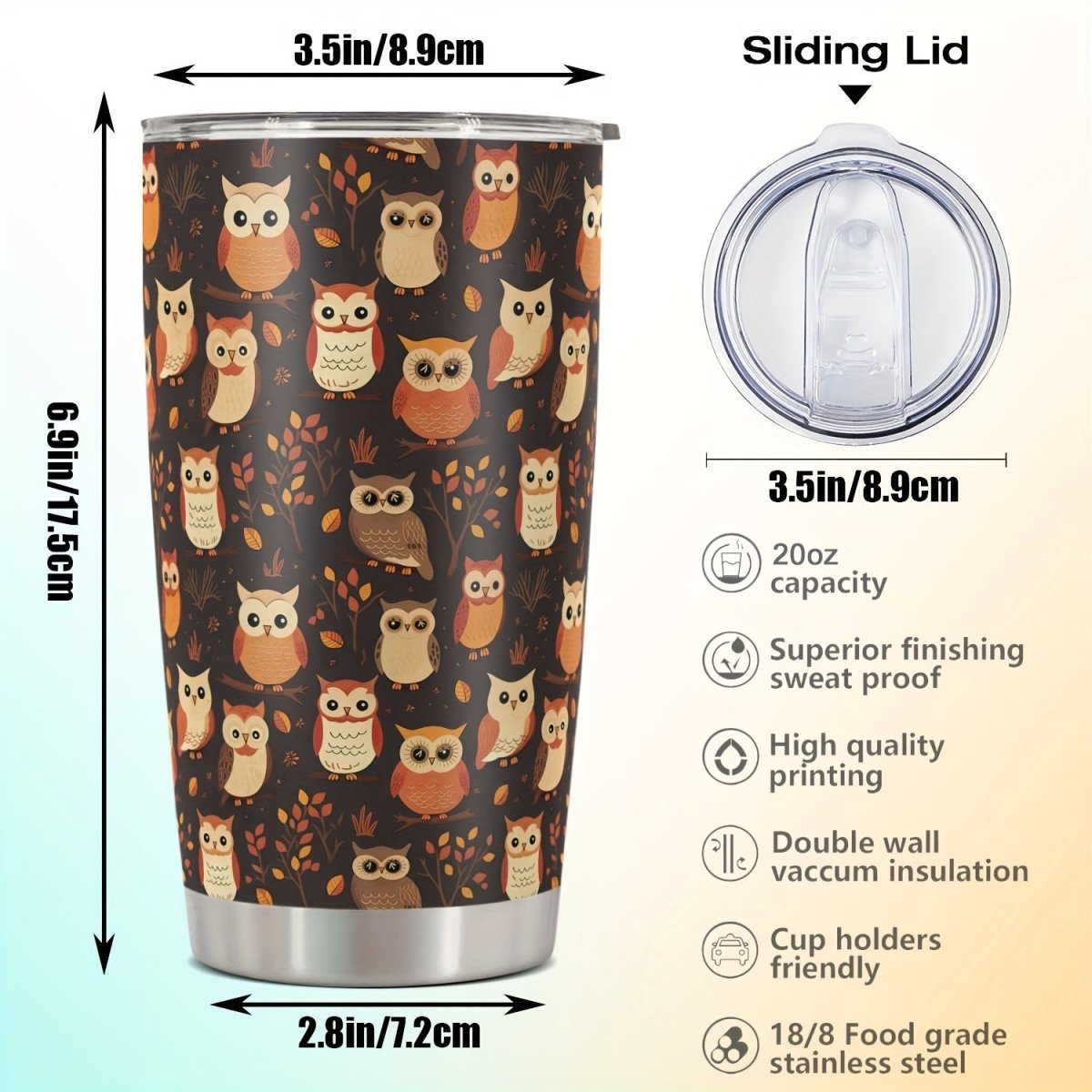 Cat Shop Boys - 20oz Durable Stainless Steel Tumbler with Lid, Owl Print, BPA - Free, Reusable Water Bottle for All Seasons