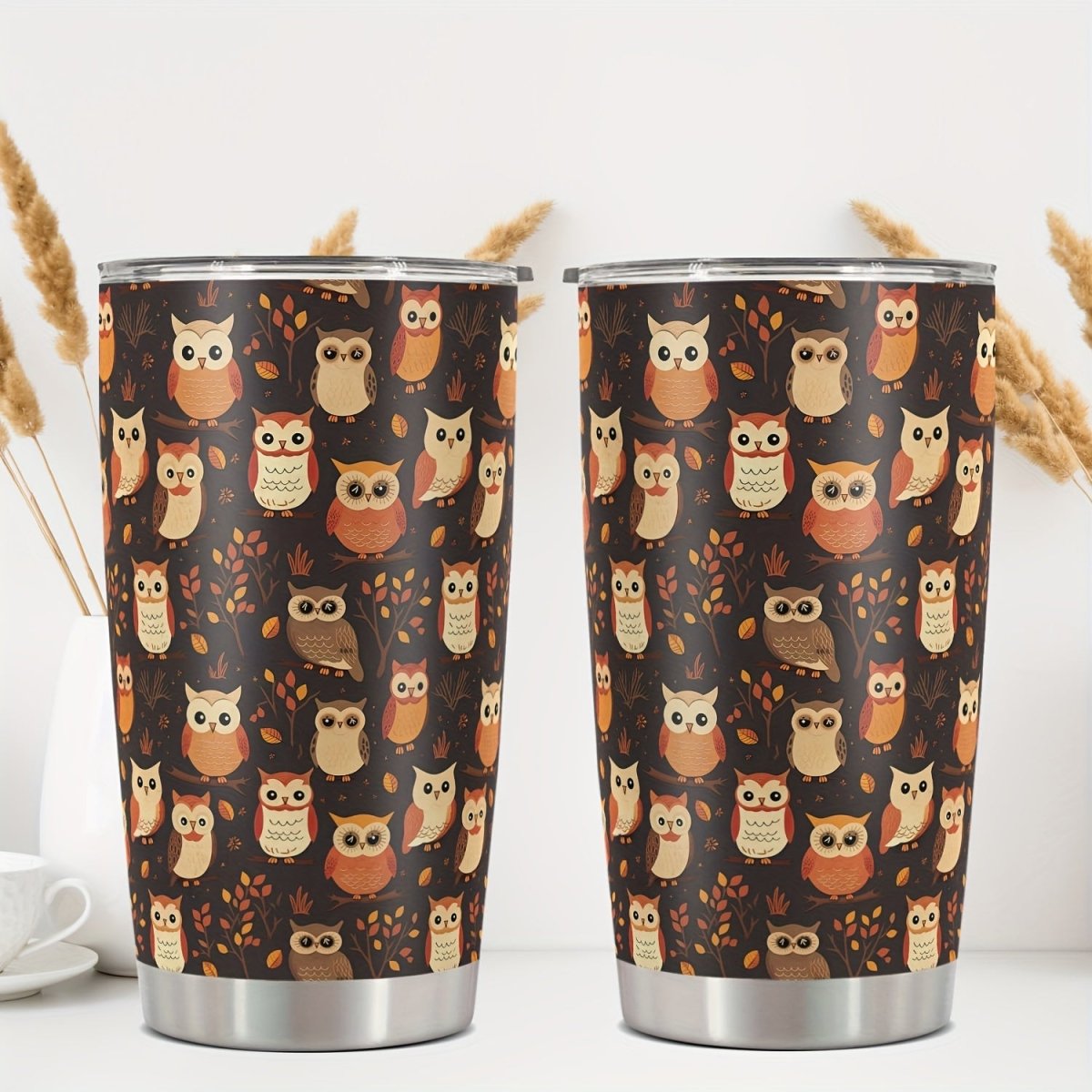 Cat Shop Boys - 20oz Durable Stainless Steel Tumbler with Lid, Owl Print, BPA - Free, Reusable Water Bottle for All Seasons