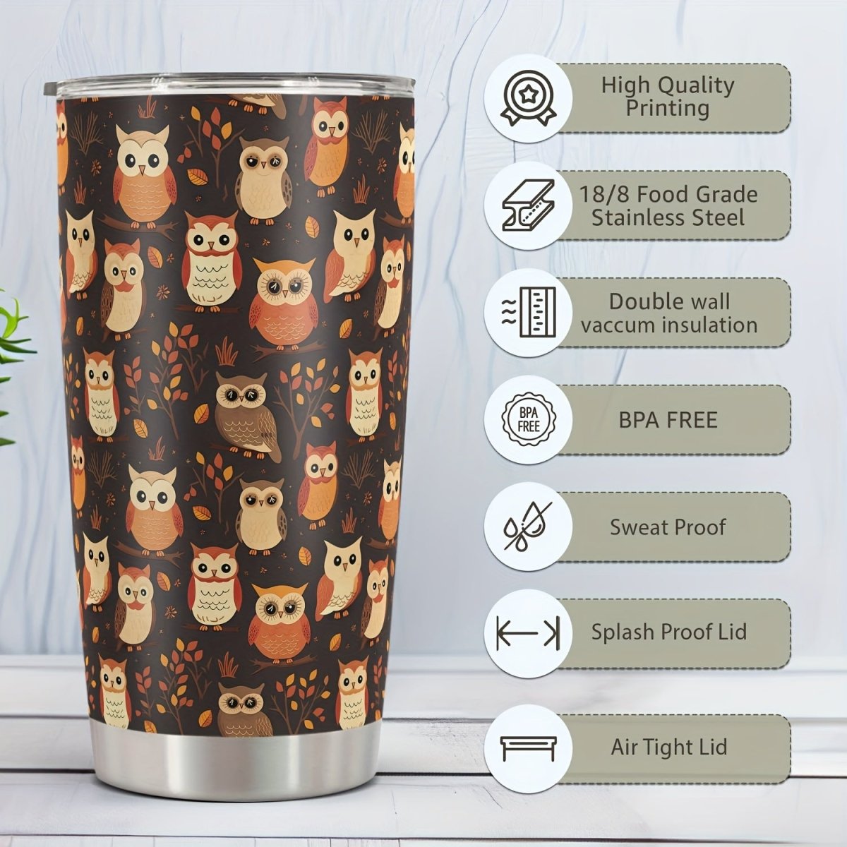 Cat Shop Boys - 20oz Durable Stainless Steel Tumbler with Lid, Owl Print, BPA - Free, Reusable Water Bottle for All Seasons