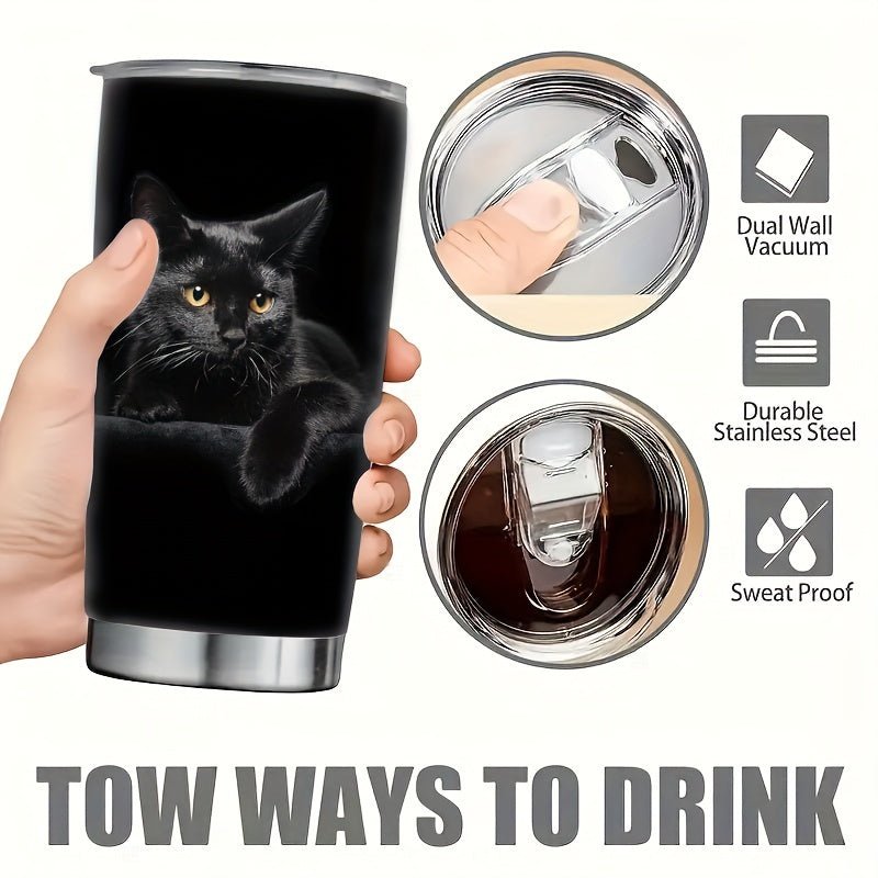 Cat Shop Boys - 20oz Elegant Black Cat Stainless Steel Tumbler with Lid - Double - Walled Insulated Travel Mug for Coffee, Water, Car Use - Ideal Gift for Cat Enthusiasts