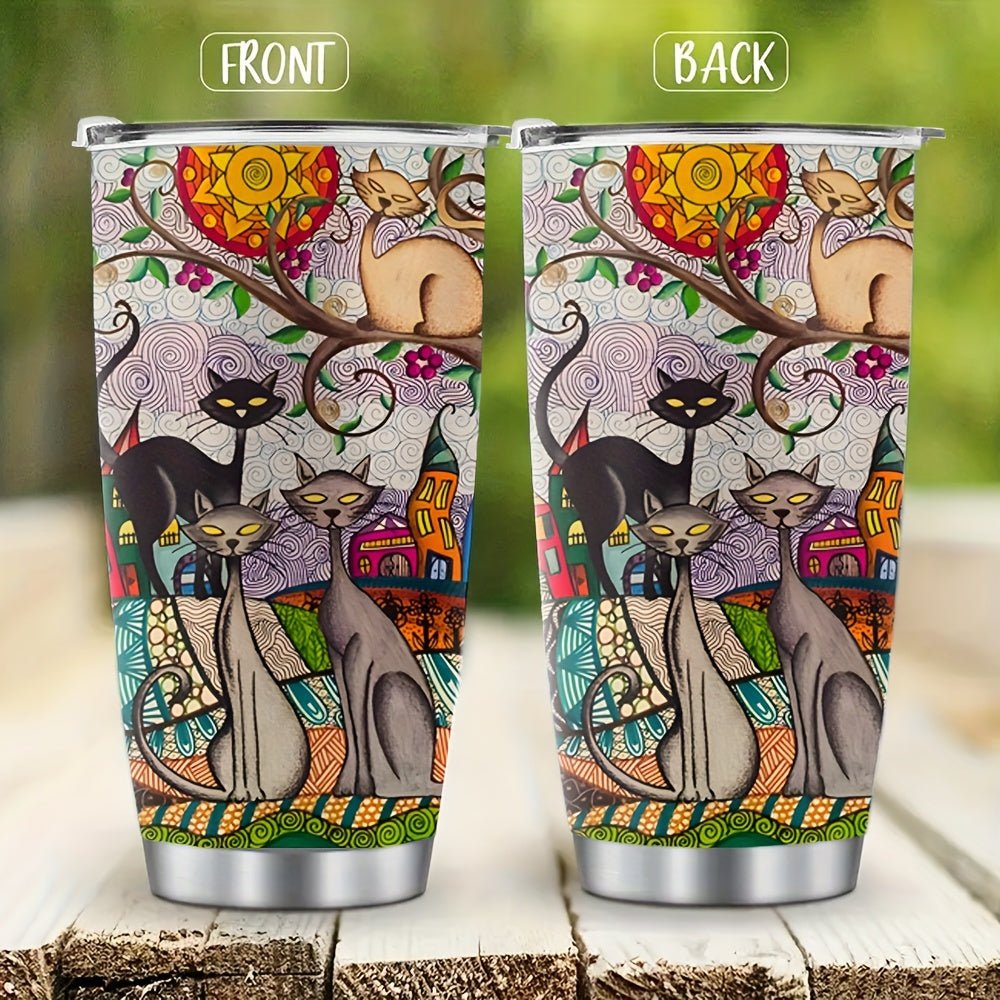 Cat Shop Boys - 20oz Whimsical Cat Stainless Steel Insulated Tumbler - Durable, Reusable, Multi - Purpose Car & Outdoor Coffee Cup with Leak - Proof Lid - Perfect Birthday Gift for Cat Lovers, Family, and Friends