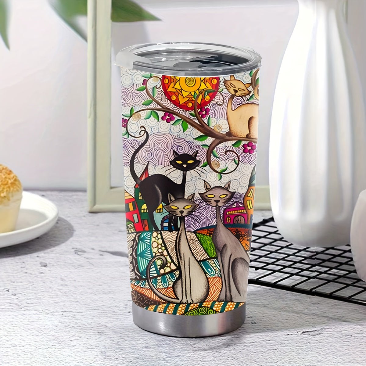 Cat Shop Boys - 20oz Whimsical Cat Stainless Steel Insulated Tumbler - Durable, Reusable, Multi - Purpose Car & Outdoor Coffee Cup with Leak - Proof Lid - Perfect Birthday Gift for Cat Lovers, Family, and Friends