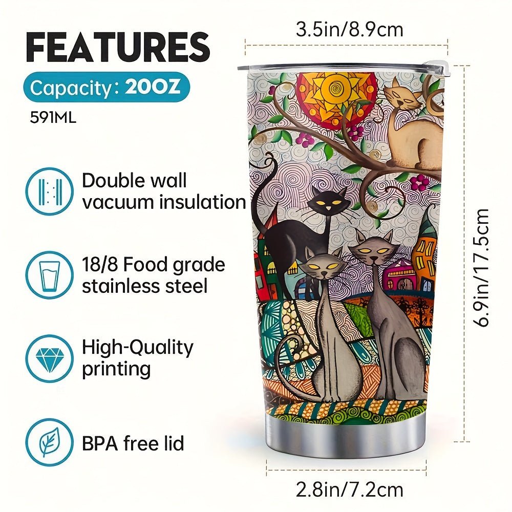 Cat Shop Boys - 20oz Whimsical Cat Stainless Steel Insulated Tumbler - Durable, Reusable, Multi - Purpose Car & Outdoor Coffee Cup with Leak - Proof Lid - Perfect Birthday Gift for Cat Lovers, Family, and Friends