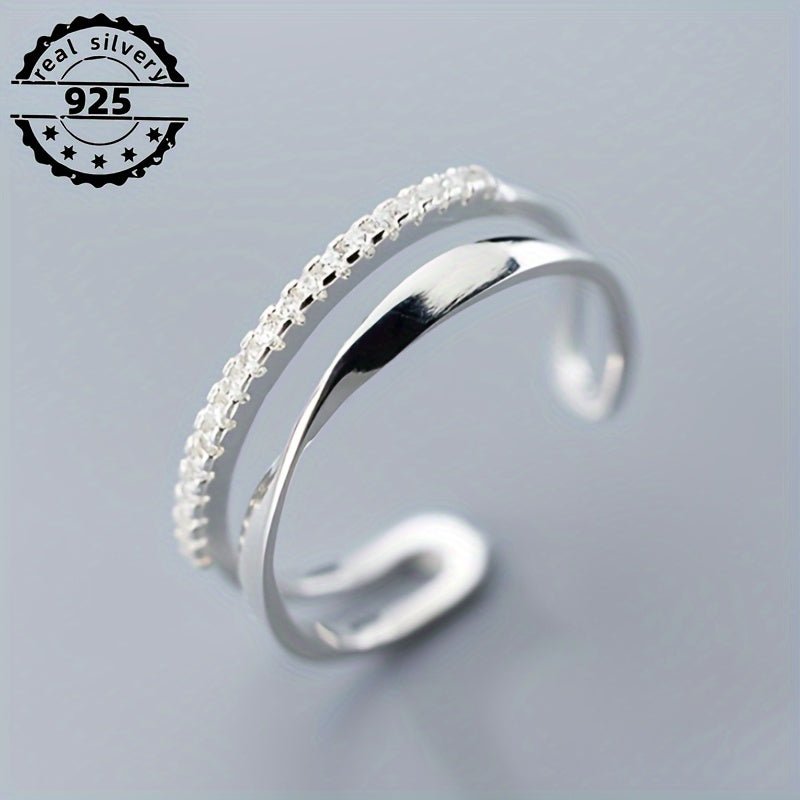 Cat Shop Boys - 2.2g/0.078oz S925 Sterling Silver Sparkling Zirconia Cuff Ring - Adjustable Double - Layer Wedding Band with Simple yet Fashionable Design - High - Quality, Comfortable, and Durable Jewelry for Women