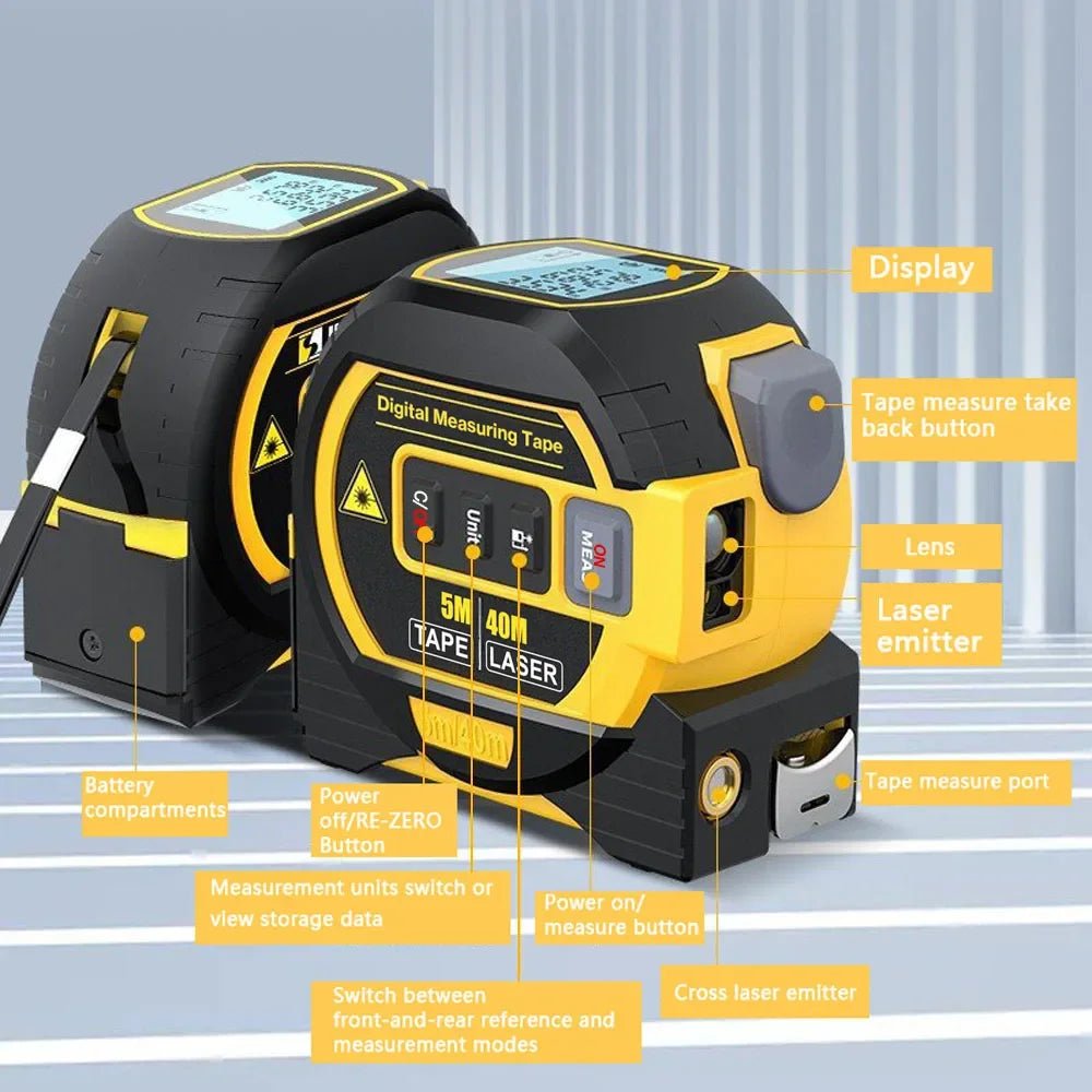 Cat Shop Boys - 3 in 1 Laser Rangefinder 5M Tape Measure Ruler LCD Display with Backlight Distance Meter Building Measurement Device