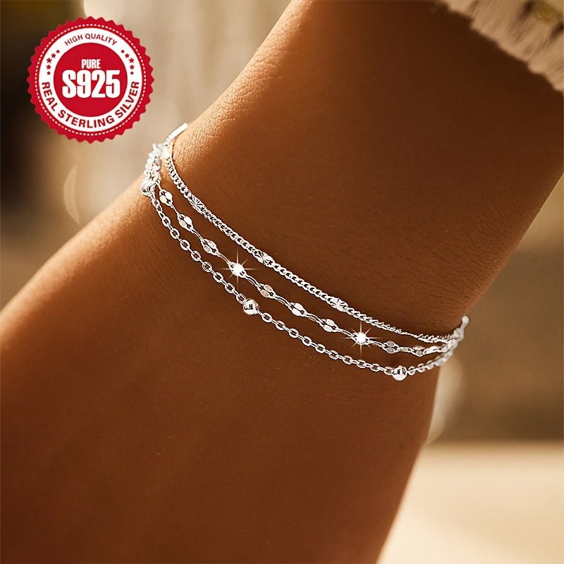 Cat Shop Boys - 3.1g 925 Sterling Silver Elegant Triple - Layered Bracelet for Women - Hypoallergenic, Classic, Silver - Plated Chain - Ideal for Music Festivals, Sunrise Parties - Thanksgiving & Christmas Gift, All Seasons