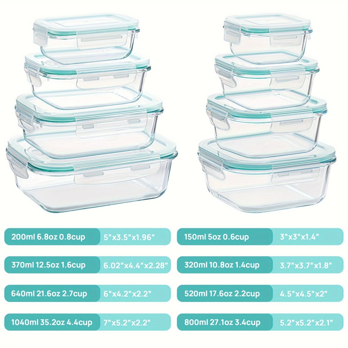 Cat Shop Boys - 8pcs Glass Food Storage Containers, Meal Prep, Airtight Bento Boxes with Leak Proof Locking Lids, for Microwave, Lunch Boxes, Oven, Freezer And Dishwasher, BPA Free